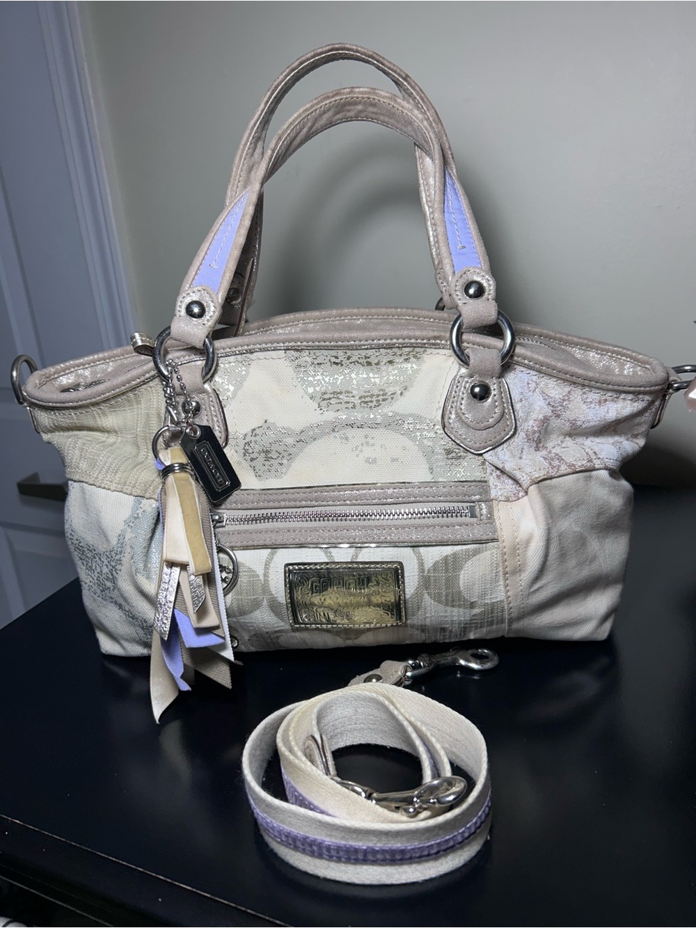 RARE Coach Cream Denim Patchwork Poppy Rocker Bag